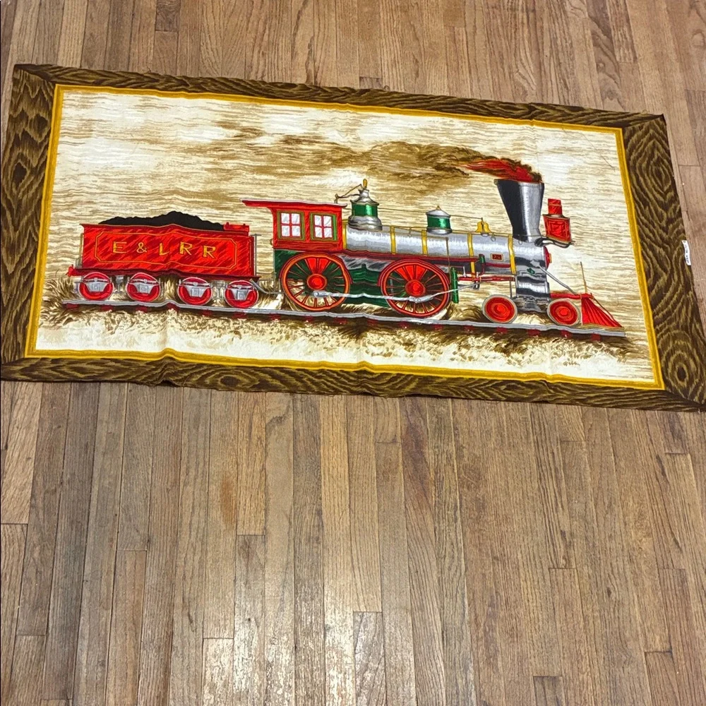 Large Vintage Train Tapestry with Red and Green Accents